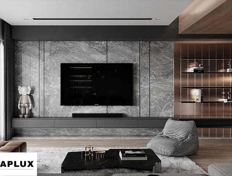 Tấm ốp than tre ứng dụng vách trang trí background TV phòng khách